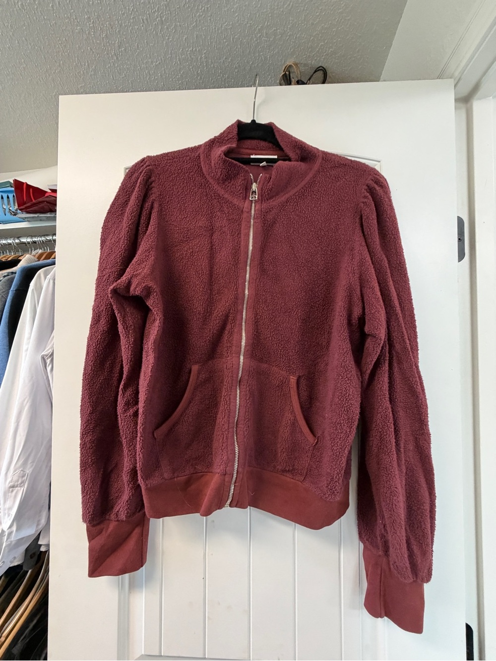 Sundry Plush Zip-Up Teddy Jacket in Wine